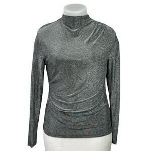 TU Silver Metallic Sparkle Ruched Mock Neck Long Sleeve T-Shirt Blouse Top Sz 16